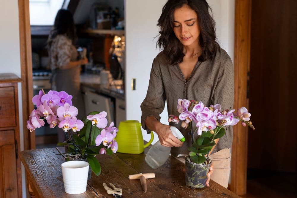 Woman taking care exotic orchid